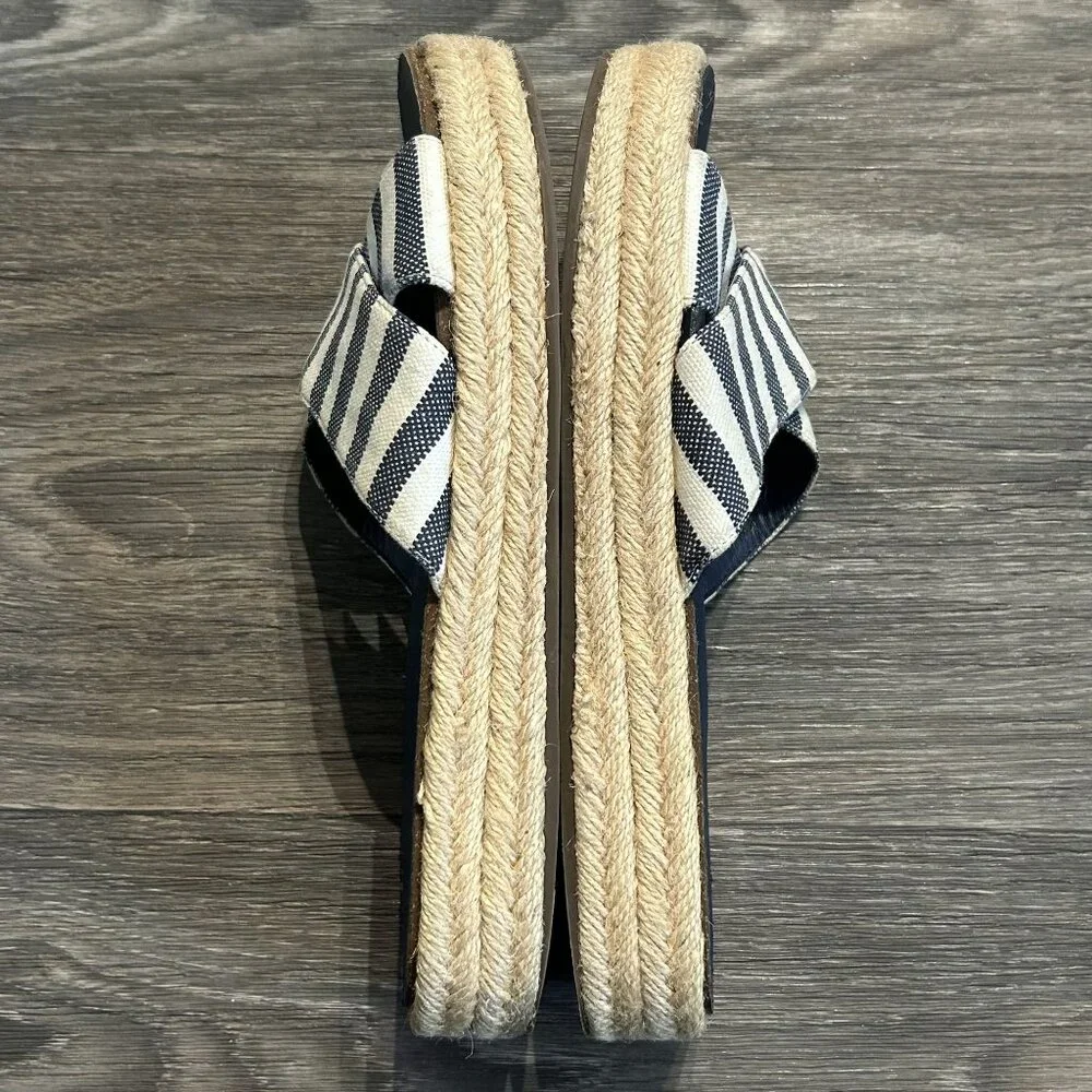 Vince Camuto 8.5 Slide Sandal Blue White Natural Stripe Canvas Espadrille Preppy